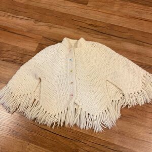 Vintage off white Crochet Fringe Poncho child’s handmade